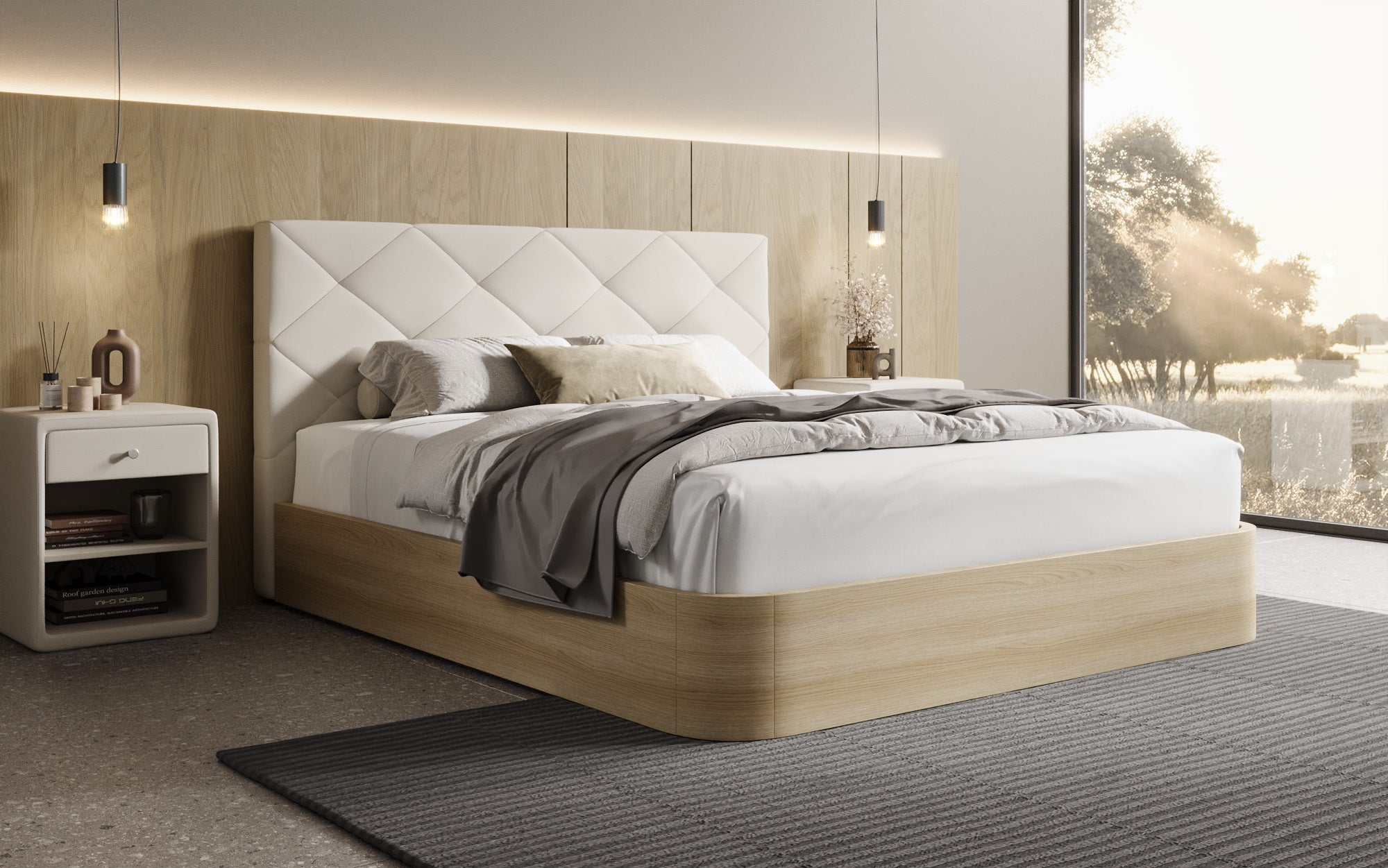 Designer gestoffeerd bed Fiore Caro in Stof met opbergruimte