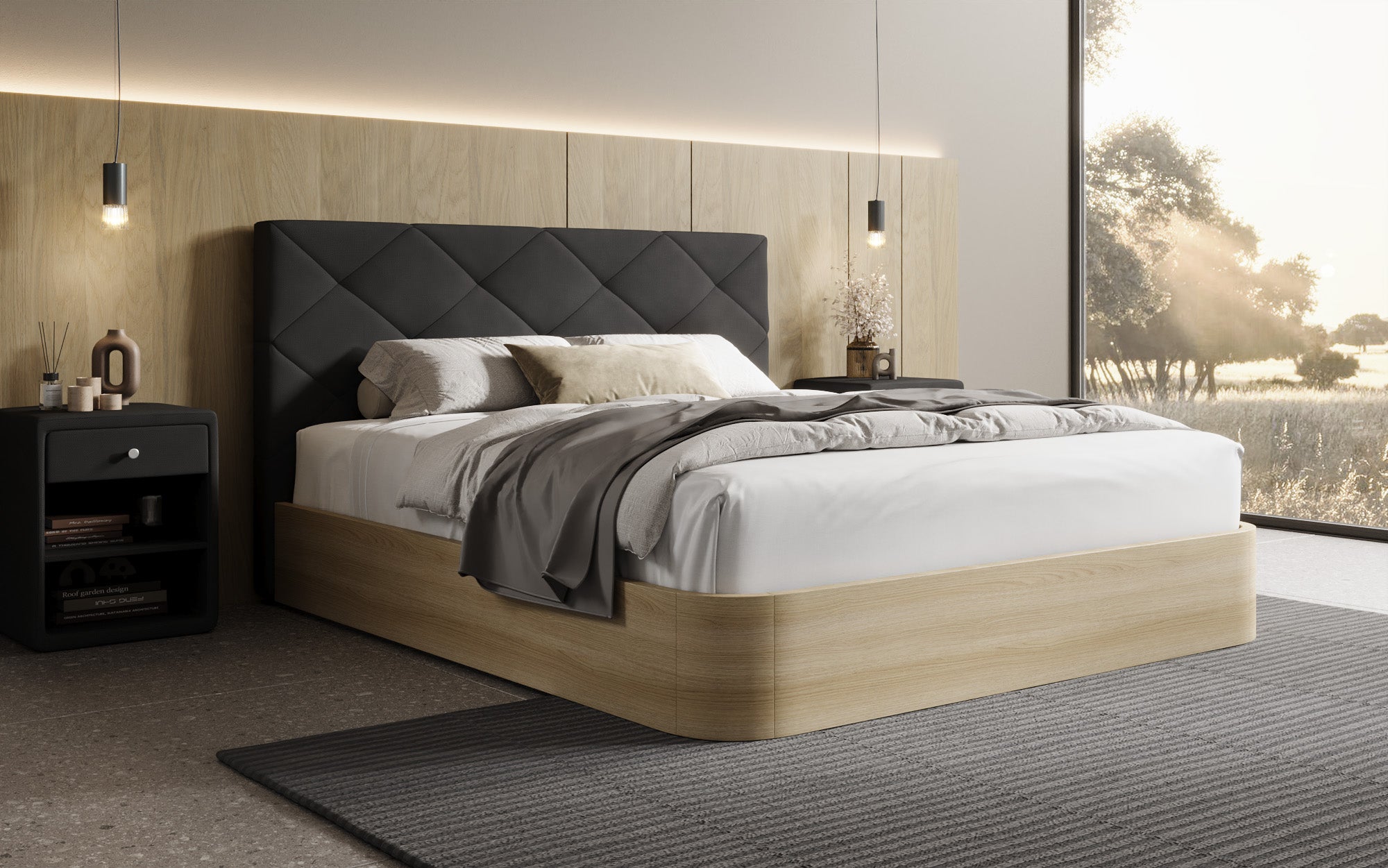 Designer gestoffeerd bed Fiore Caro in Stof met opbergruimte