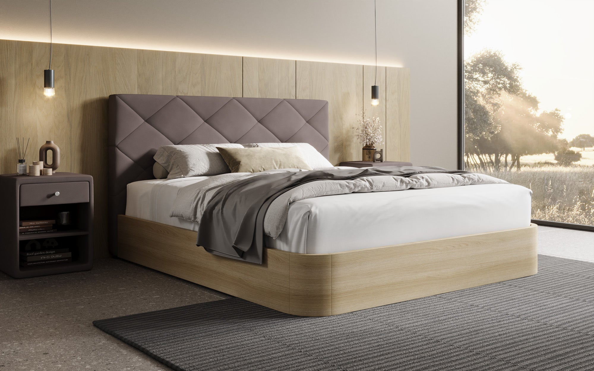 Designer gestoffeerd bed Fiore Caro in Stof met opbergruimte