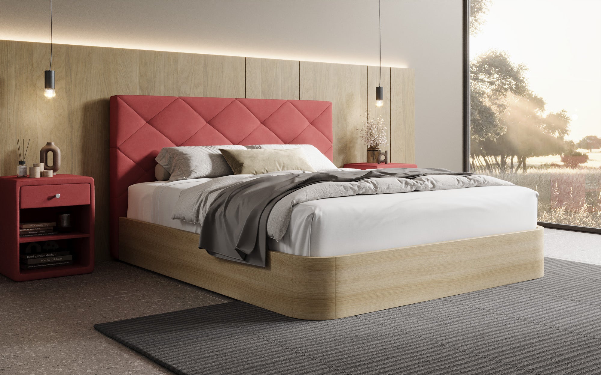 Designer gestoffeerd bed Fiore Caro in Stof met opbergruimte
