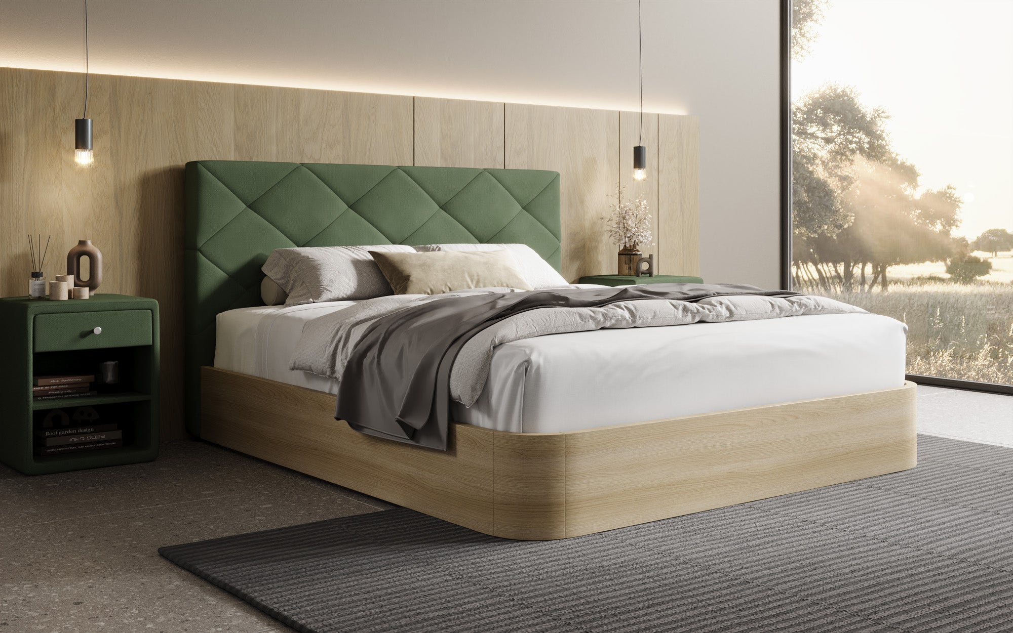 Designer gestoffeerd bed Fiore Caro in Stof met opbergruimte