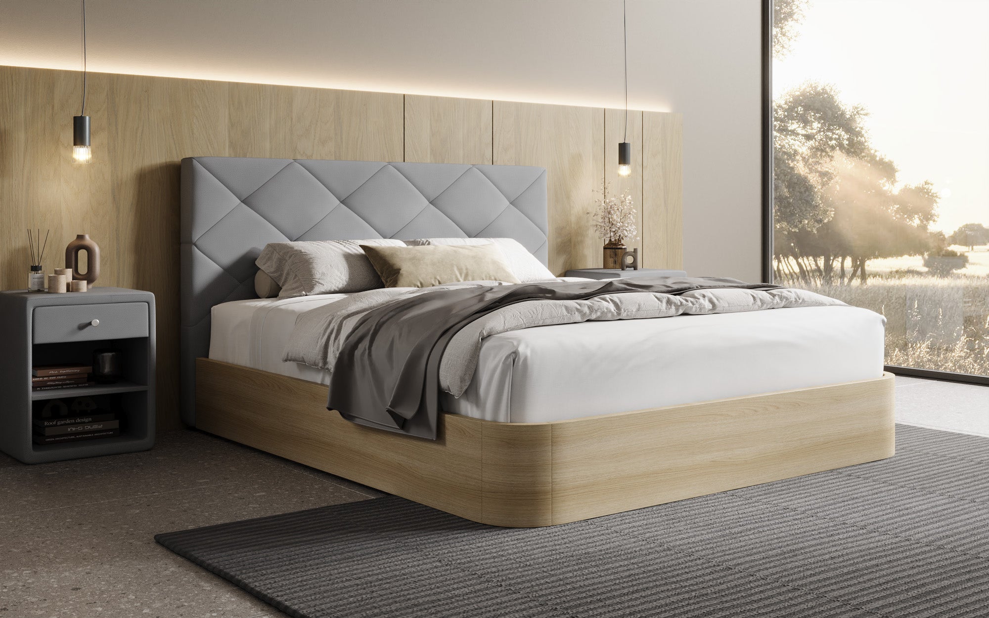 Designer gestoffeerd bed Fiore Caro in Stof met opbergruimte