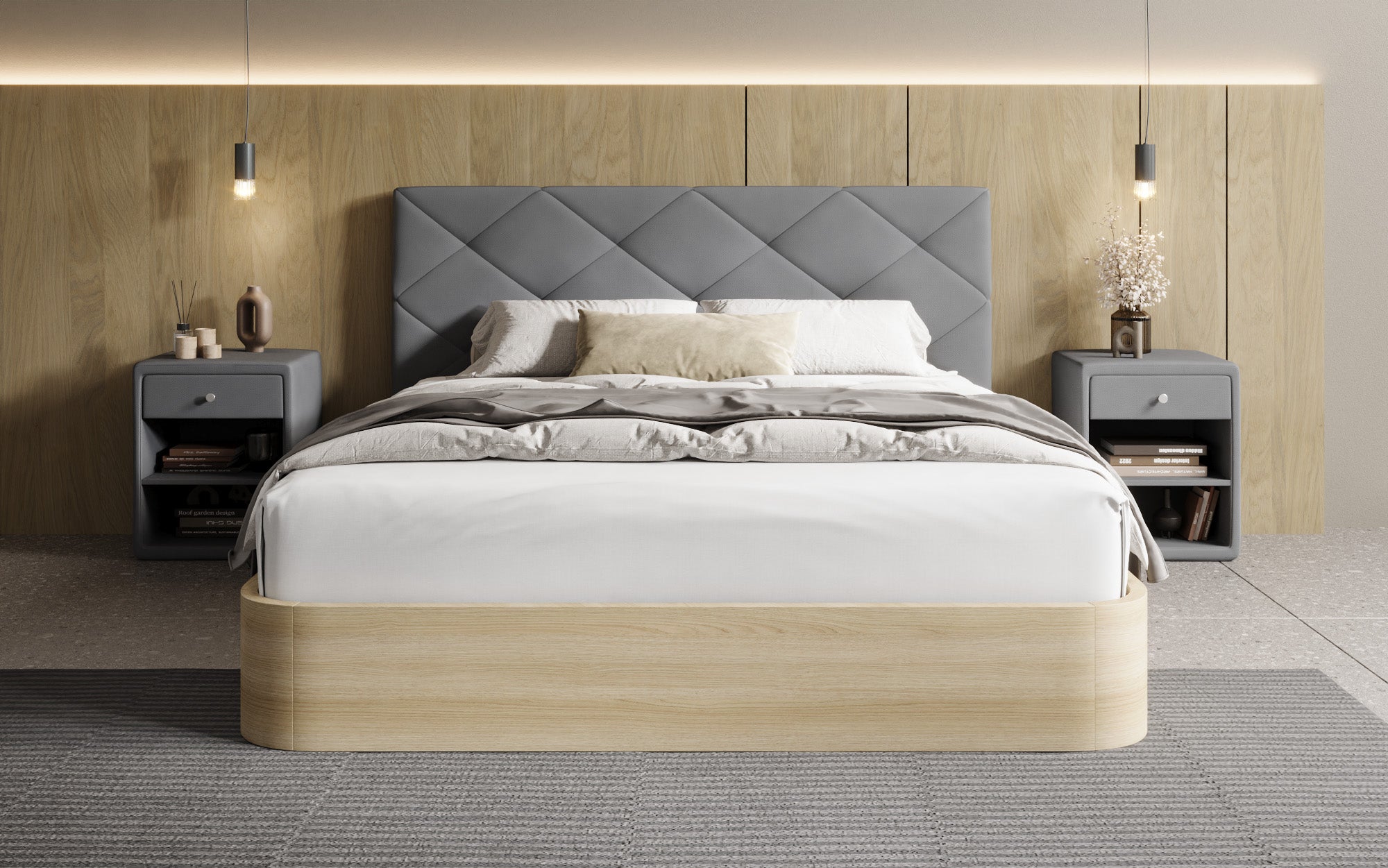 Designer gestoffeerd bed Fiore Caro in Stof met opbergruimte