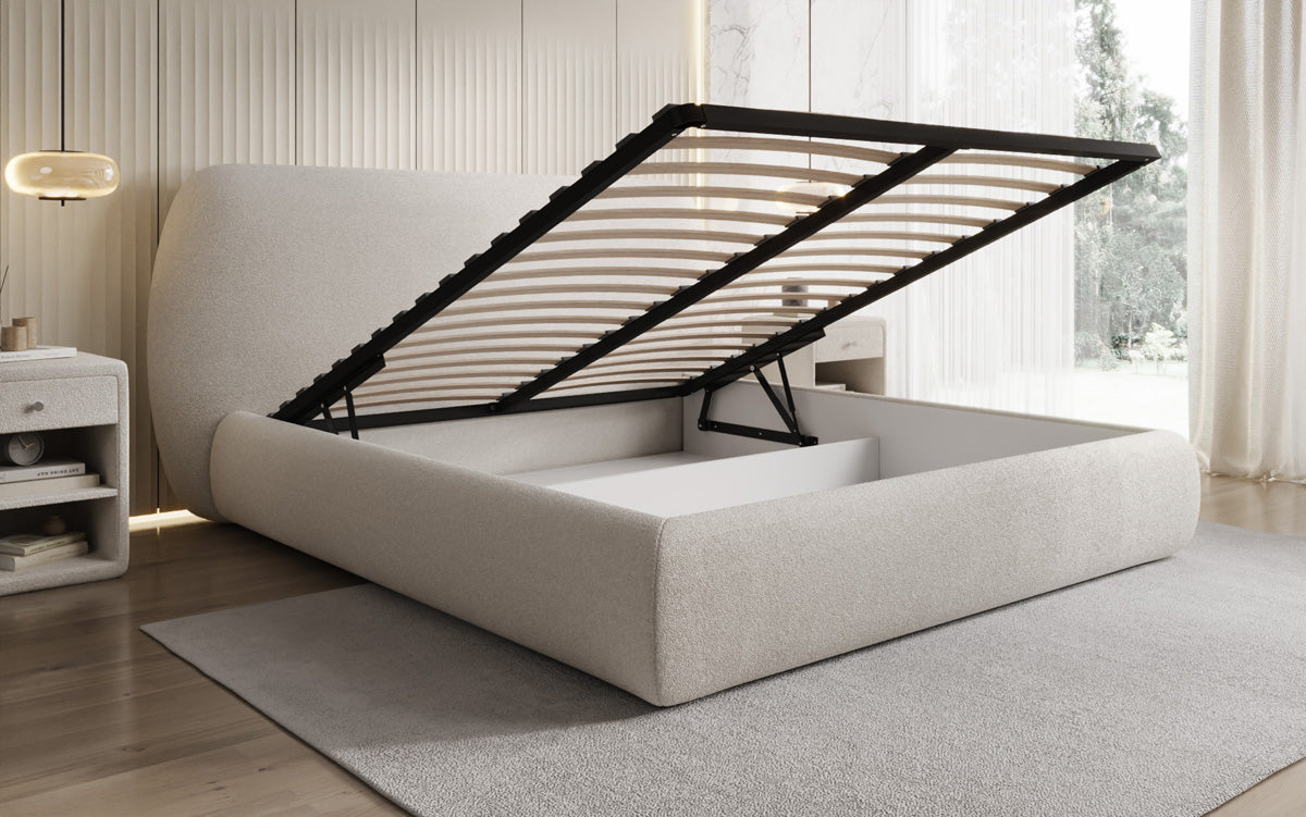 Lit rembourré design Nella en Peluche Bouclé avec espace de rangement