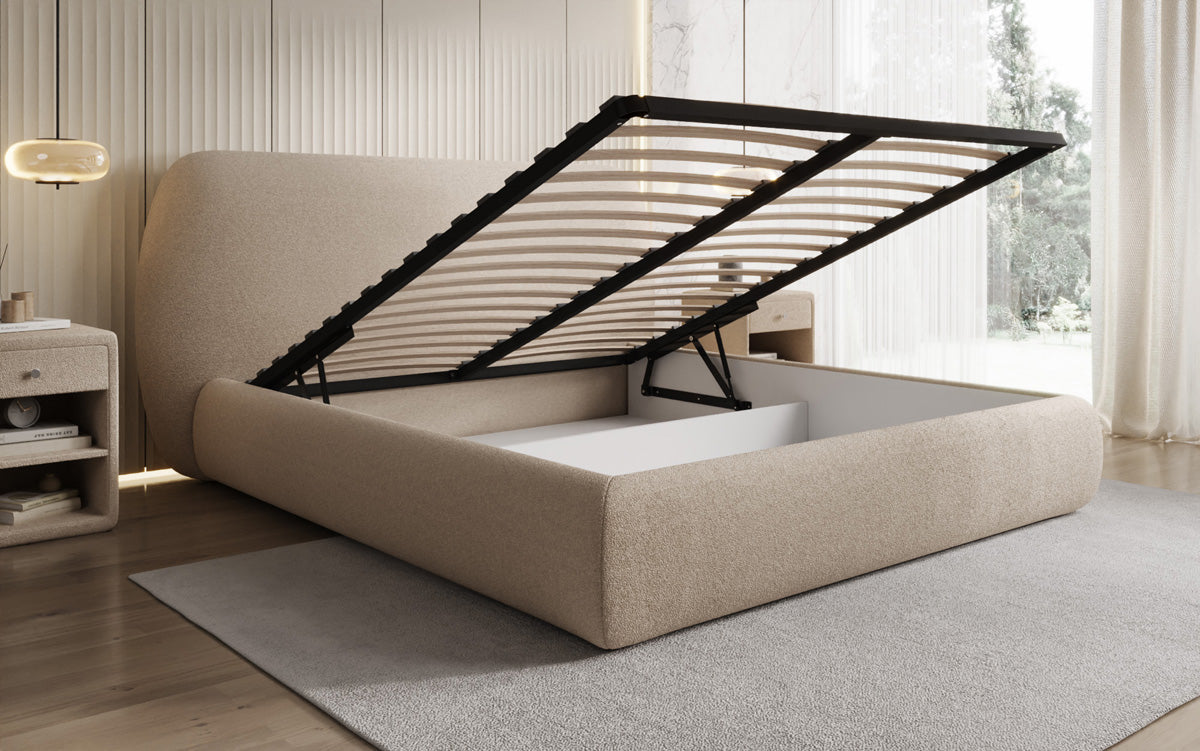 Lit rembourré design Nella en Peluche Bouclé avec espace de rangement