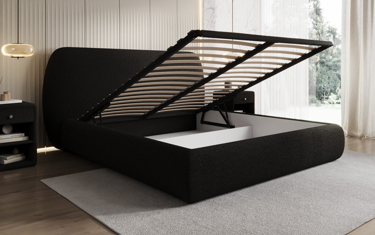 Lit rembourré design Nella en Peluche Bouclé avec espace de rangement