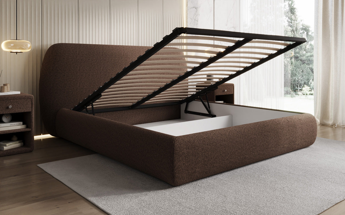 Lit rembourré design Nella en Peluche Bouclé avec espace de rangement