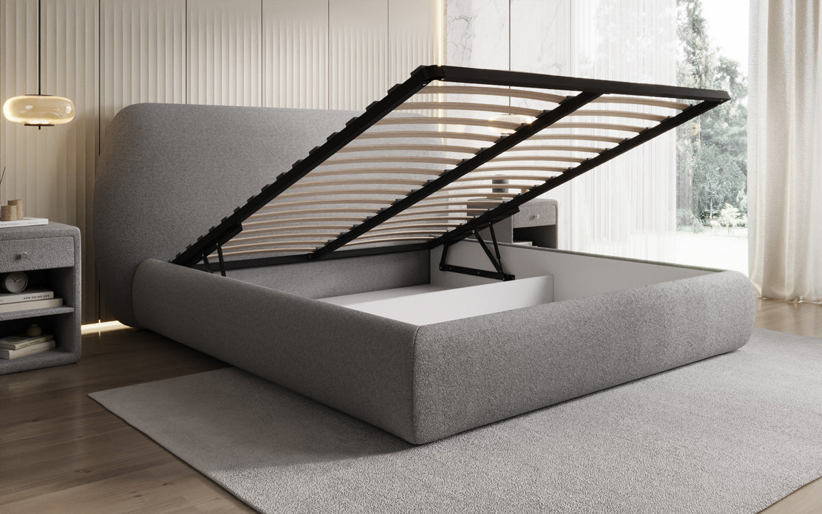 Lit rembourré design Nella en Peluche Bouclé avec espace de rangement