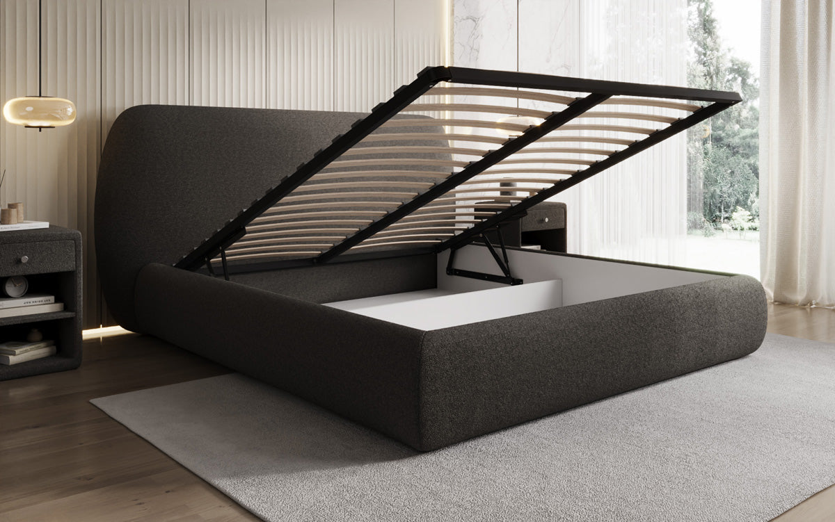 Lit rembourré design Nella en Peluche Bouclé avec espace de rangement