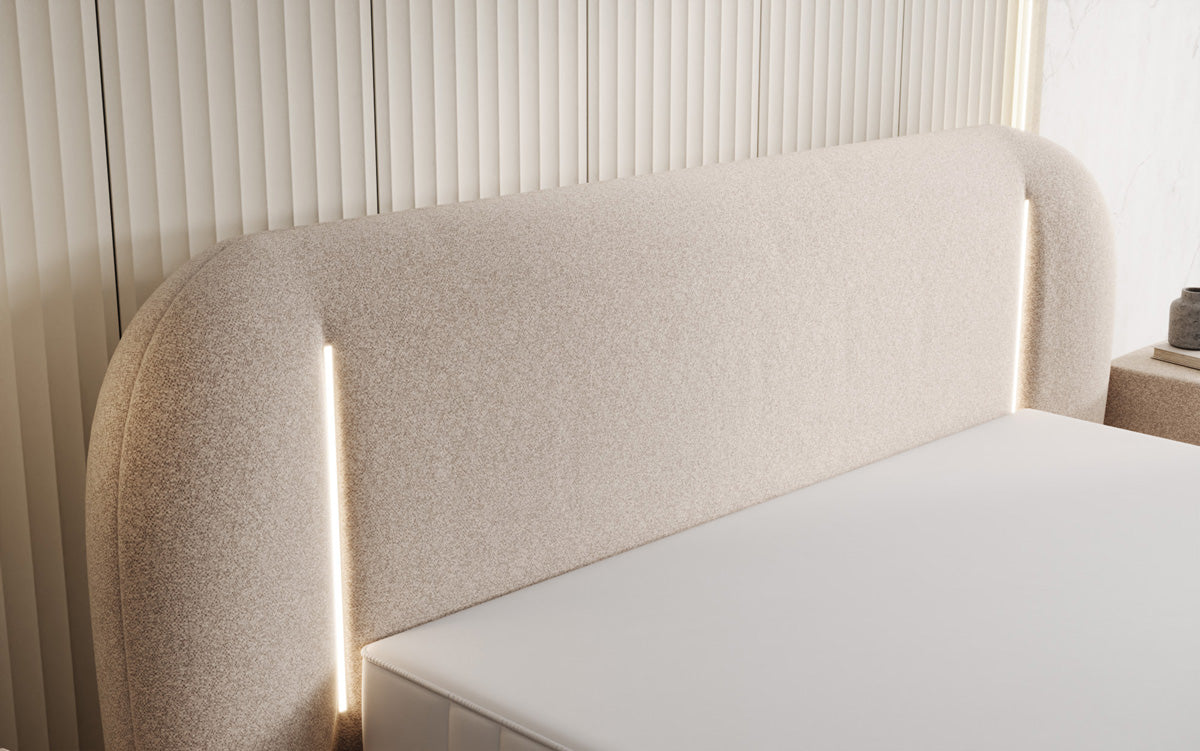 Designer gestoffeerd bed Momo in structuurstof met opbergruimte en ledverlichting