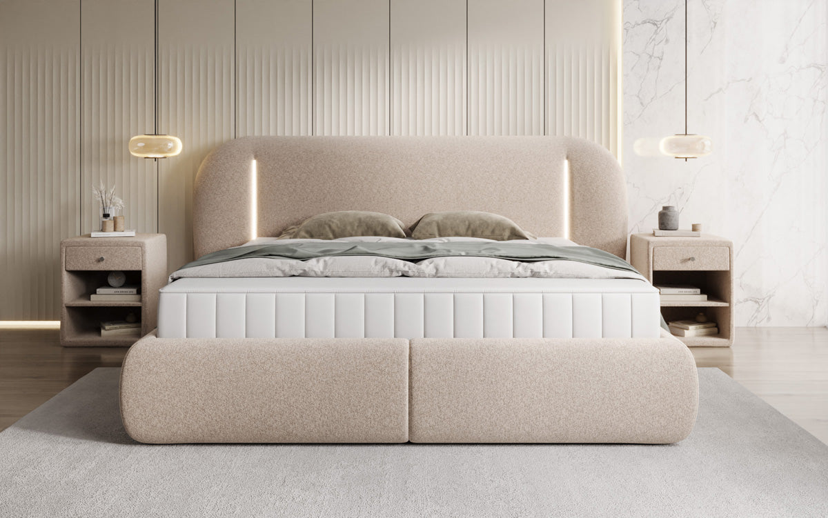 Designer gestoffeerd bed Momo in structuurstof met opbergruimte en ledverlichting