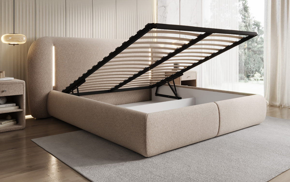 Designer gestoffeerd bed Momo in structuurstof met opbergruimte en ledverlichting