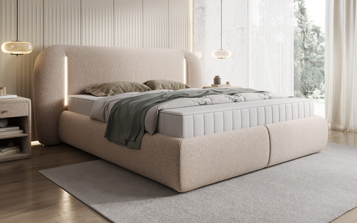 Designer gestoffeerd bed Momo in structuurstof met opbergruimte en ledverlichting