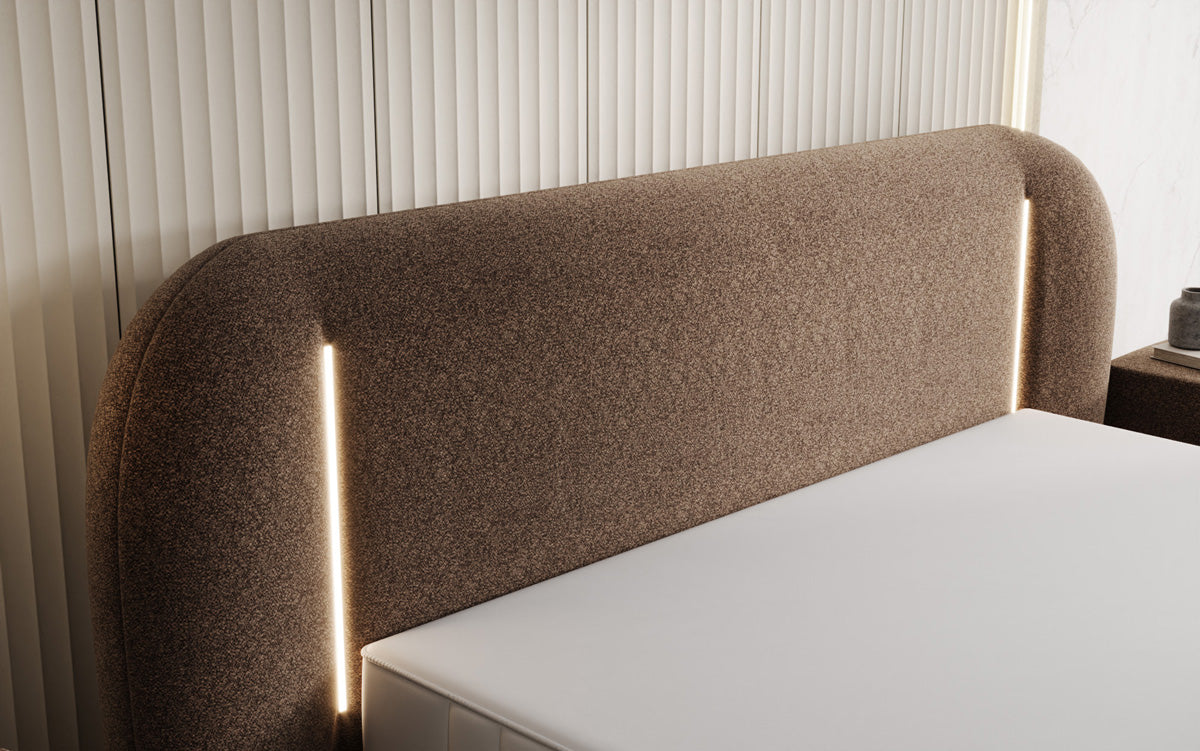 Designer gestoffeerd bed Momo in structuurstof met opbergruimte en ledverlichting