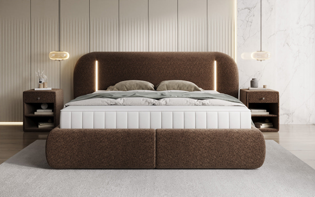 Designer gestoffeerd bed Momo in structuurstof met opbergruimte en ledverlichting