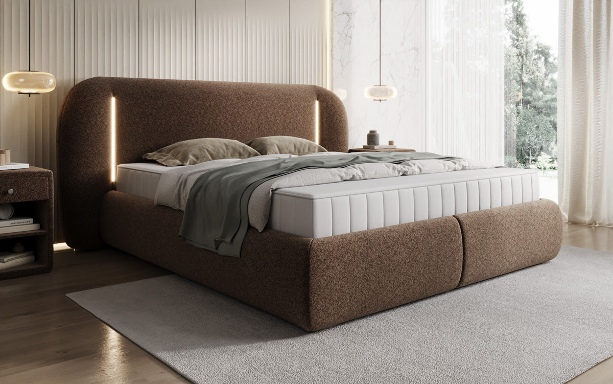 Designer gestoffeerd bed Momo in structuurstof met opbergruimte en ledverlichting