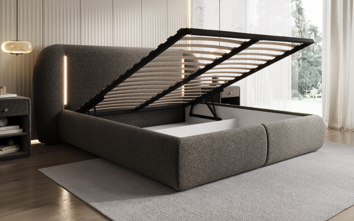 Designer gestoffeerd bed Momo in structuurstof met opbergruimte en ledverlichting