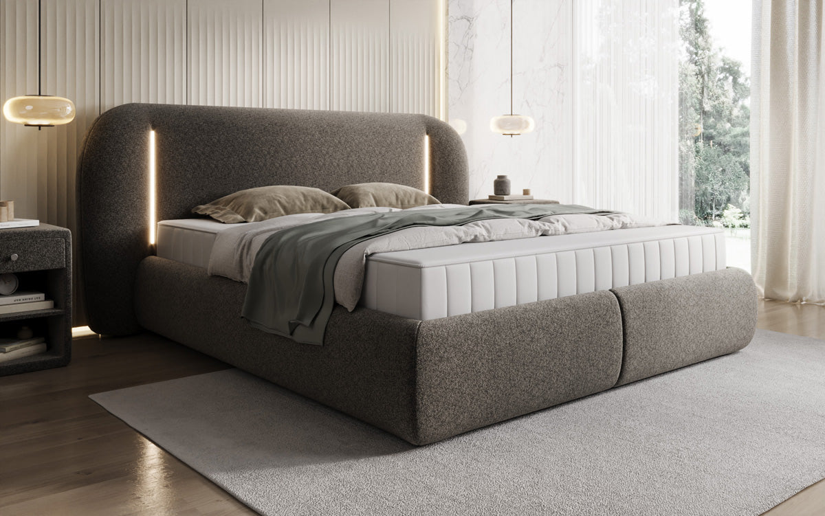 Designer gestoffeerd bed Momo in structuurstof met opbergruimte en ledverlichting