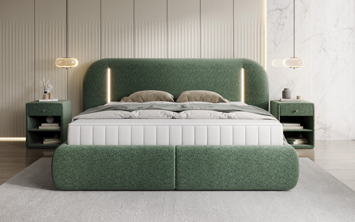 Designer gestoffeerd bed Momo in structuurstof met opbergruimte en ledverlichting