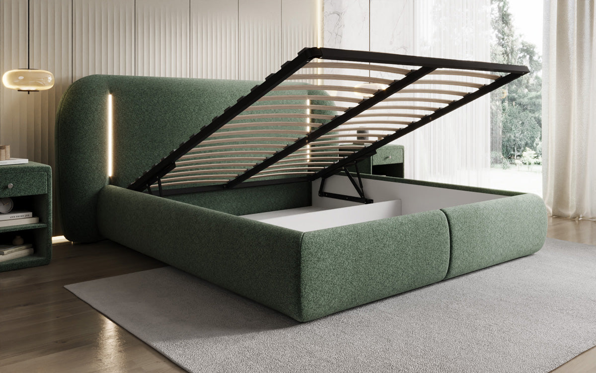 Designer gestoffeerd bed Momo in structuurstof met opbergruimte en ledverlichting