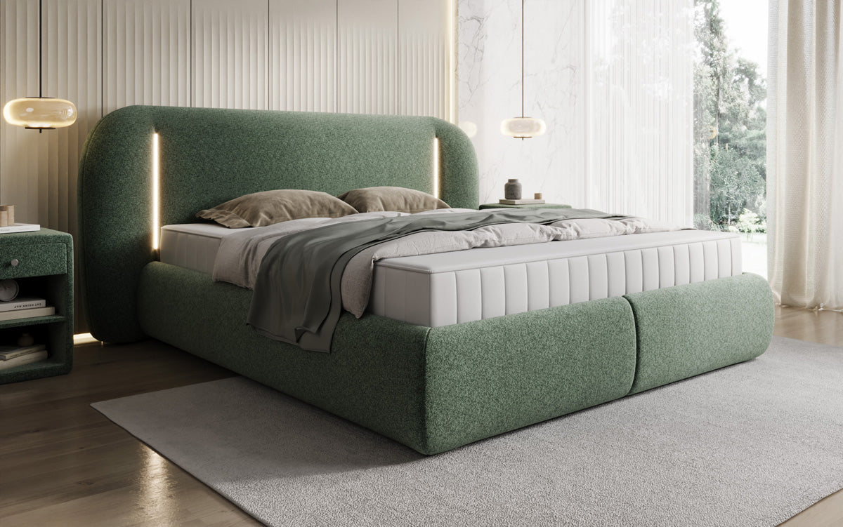 Designer gestoffeerd bed Momo in structuurstof met opbergruimte en ledverlichting
