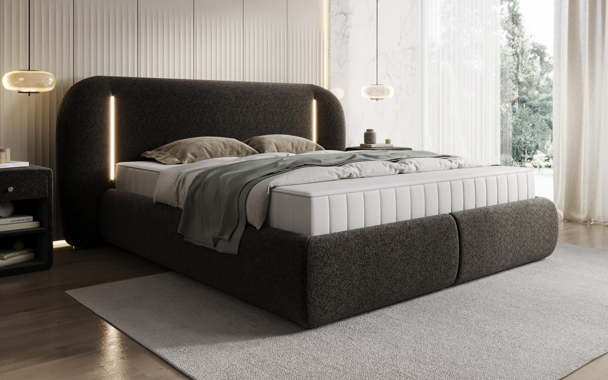 Designer gestoffeerd bed Momo in structuurstof met opbergruimte en ledverlichting