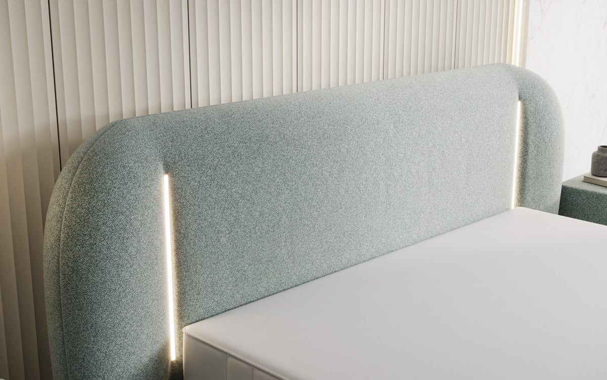 Designer gestoffeerd bed Momo in structuurstof met opbergruimte en ledverlichting