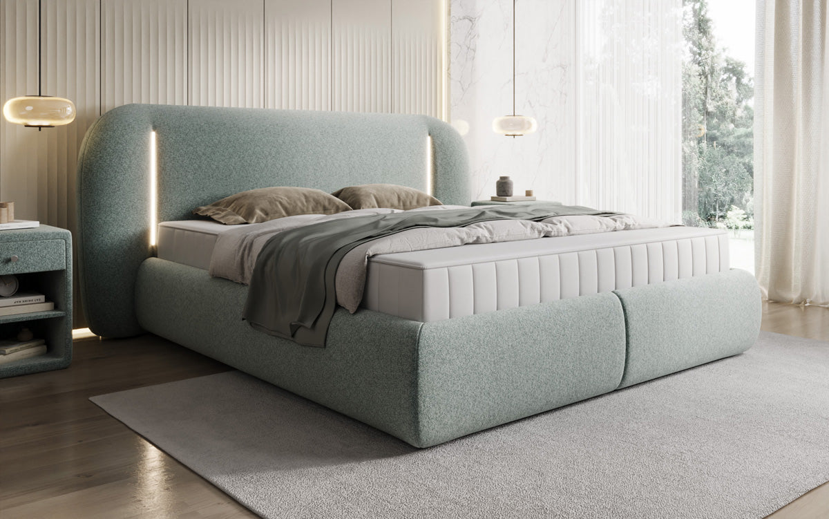 Designer gestoffeerd bed Momo in structuurstof met opbergruimte en ledverlichting