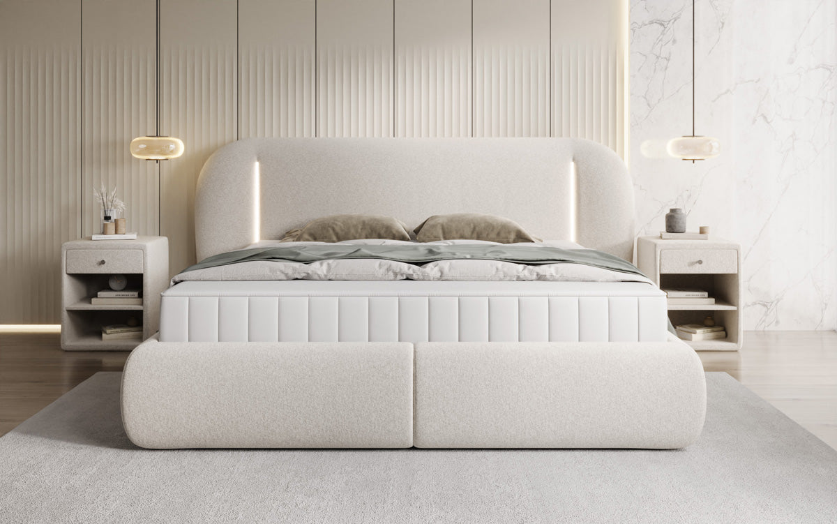 Designer gestoffeerd bed Momo in structuurstof met opbergruimte en ledverlichting
