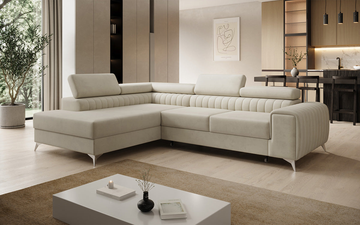Designer Ecksofa Aurea mit Schlaf- und Klappfunktion in Samt