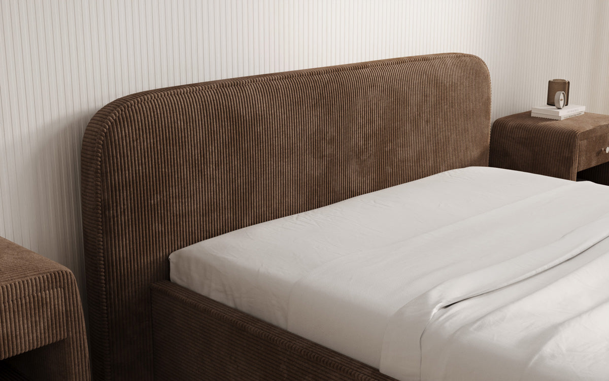 Designer gestoffeerd bed Nola in Ribstof met opbergruimte