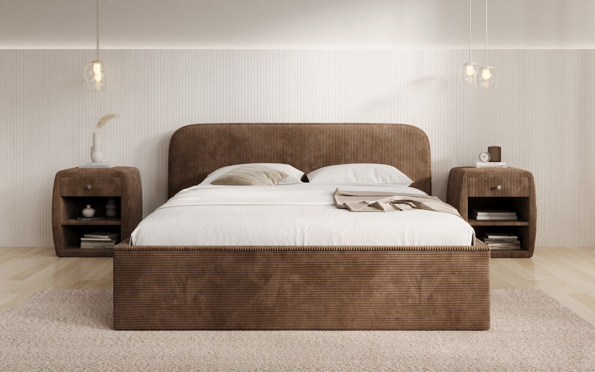 Designer gestoffeerd bed Nola in Ribstof met opbergruimte