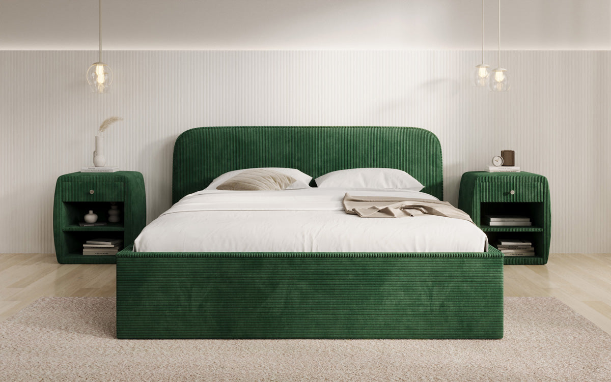 Designer gestoffeerd bed Nola in Ribstof met opbergruimte