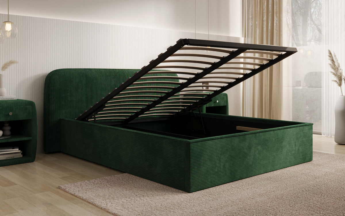 Designer gestoffeerd bed Nola in Ribstof met opbergruimte