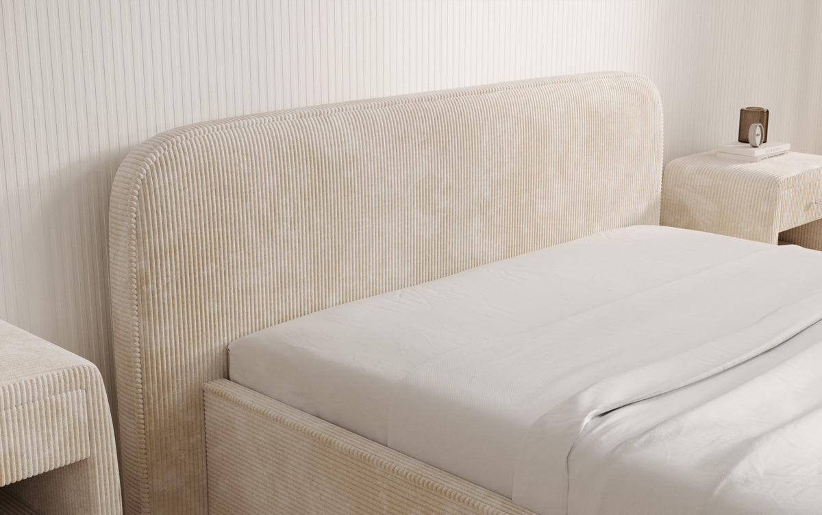Designer gestoffeerd bed Nola in Ribstof met opbergruimte