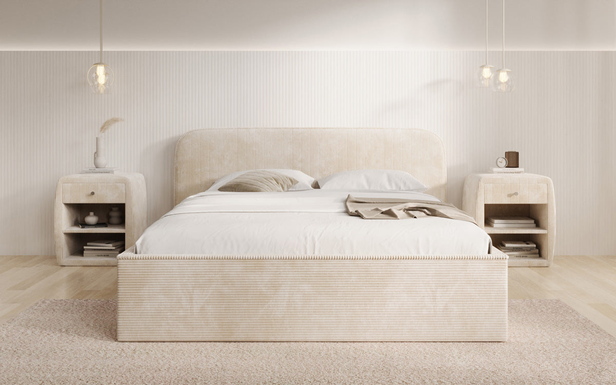Designer gestoffeerd bed Nola in Ribstof met opbergruimte
