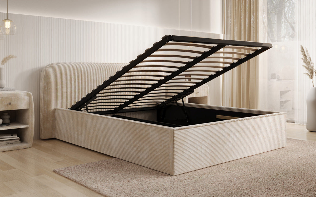 Designer gestoffeerd bed Nola in Ribstof met opbergruimte