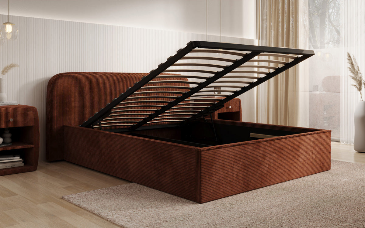 Designer gestoffeerd bed Nola in Ribstof met opbergruimte