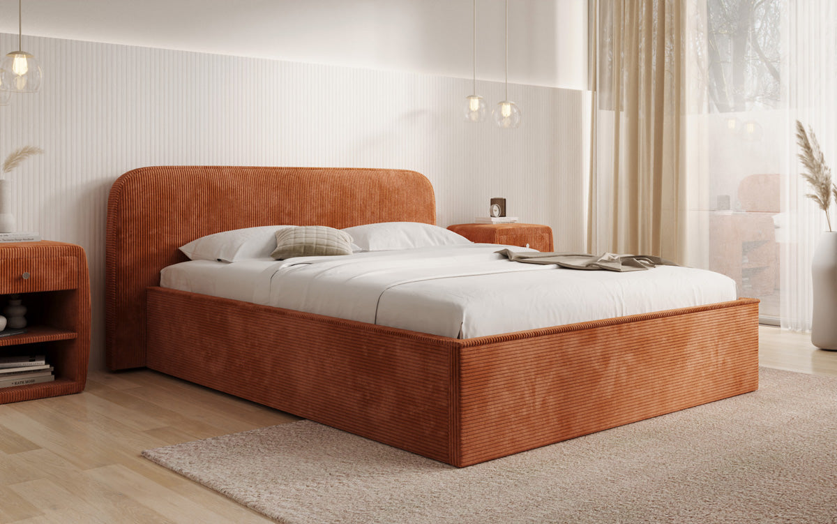 Designer gestoffeerd bed Nola in Ribstof met opbergruimte