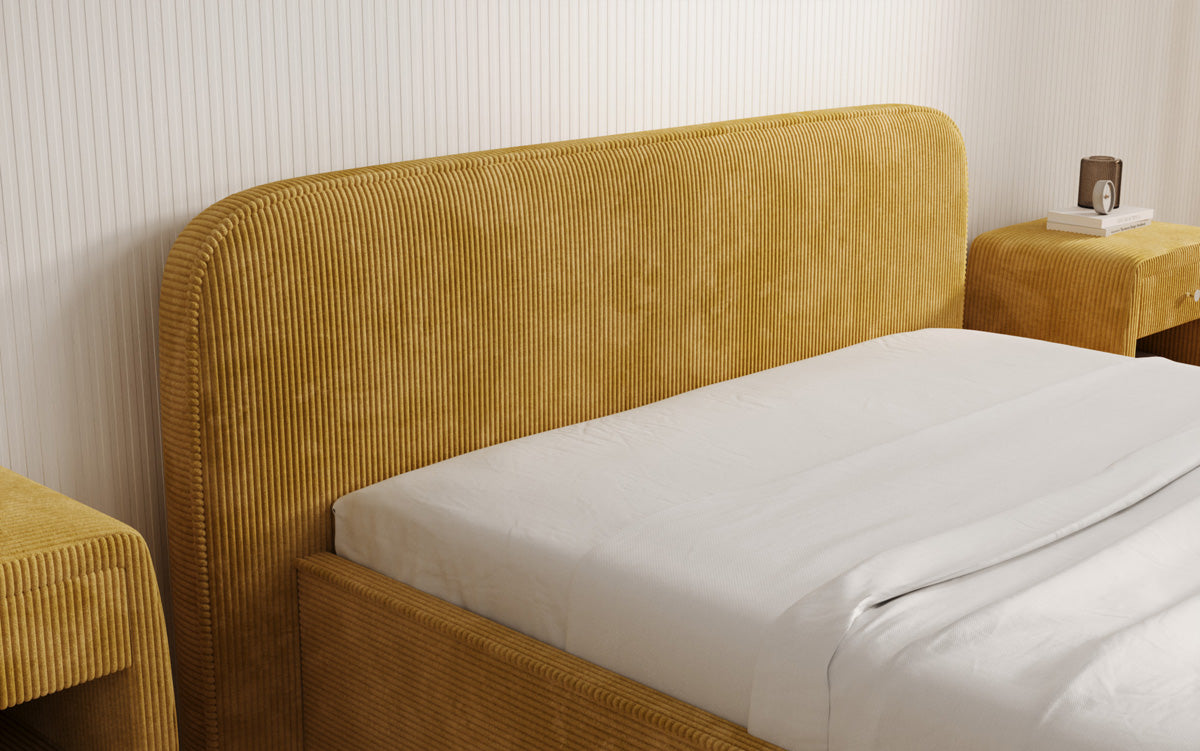 Designer gestoffeerd bed Nola in Ribstof met opbergruimte