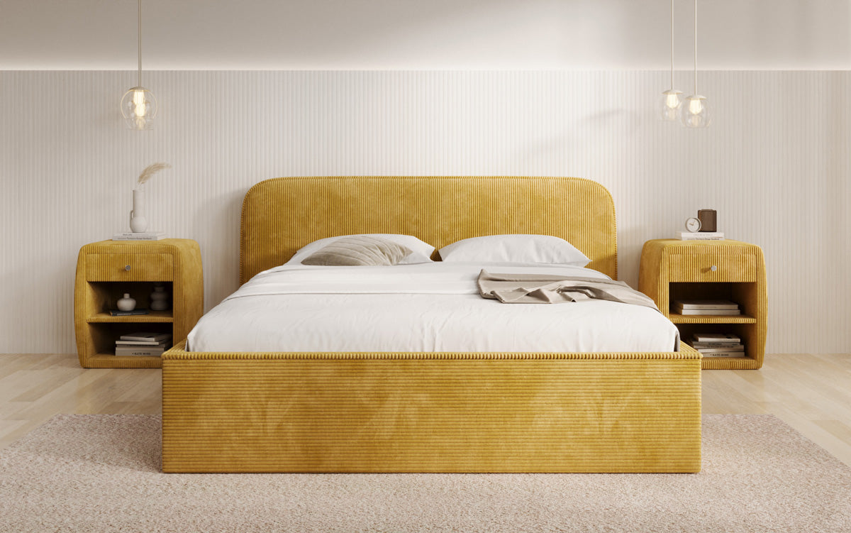 Designer gestoffeerd bed Nola in Ribstof met opbergruimte