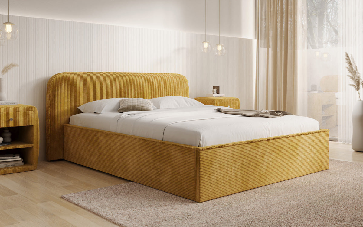 Designer gestoffeerd bed Nola in Ribstof met opbergruimte