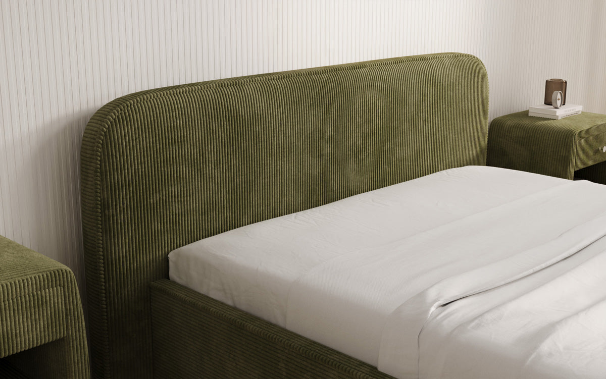 Designer gestoffeerd bed Nola in Ribstof met opbergruimte
