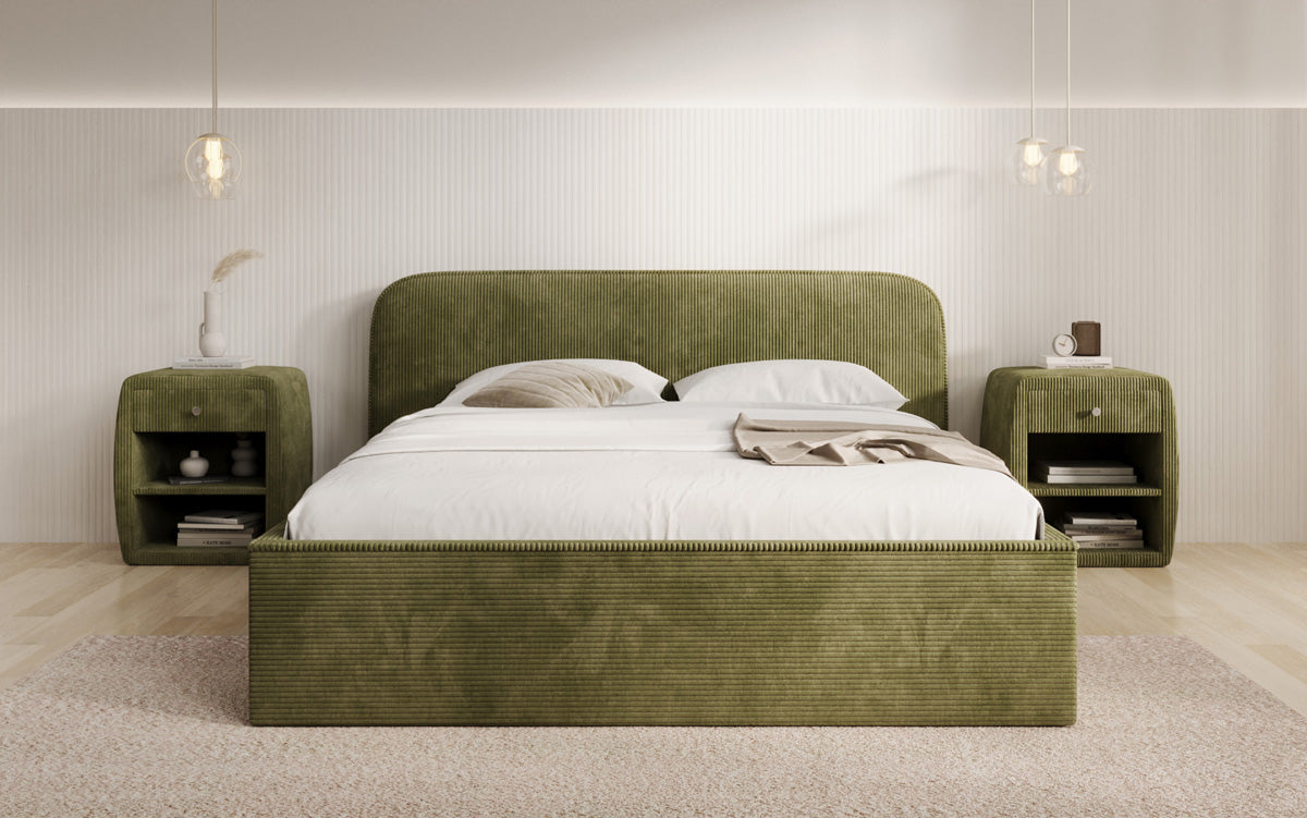 Designer gestoffeerd bed Nola in Ribstof met opbergruimte