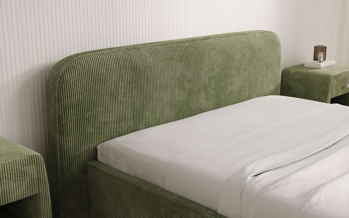 Designer gestoffeerd bed Nola in Ribstof met opbergruimte