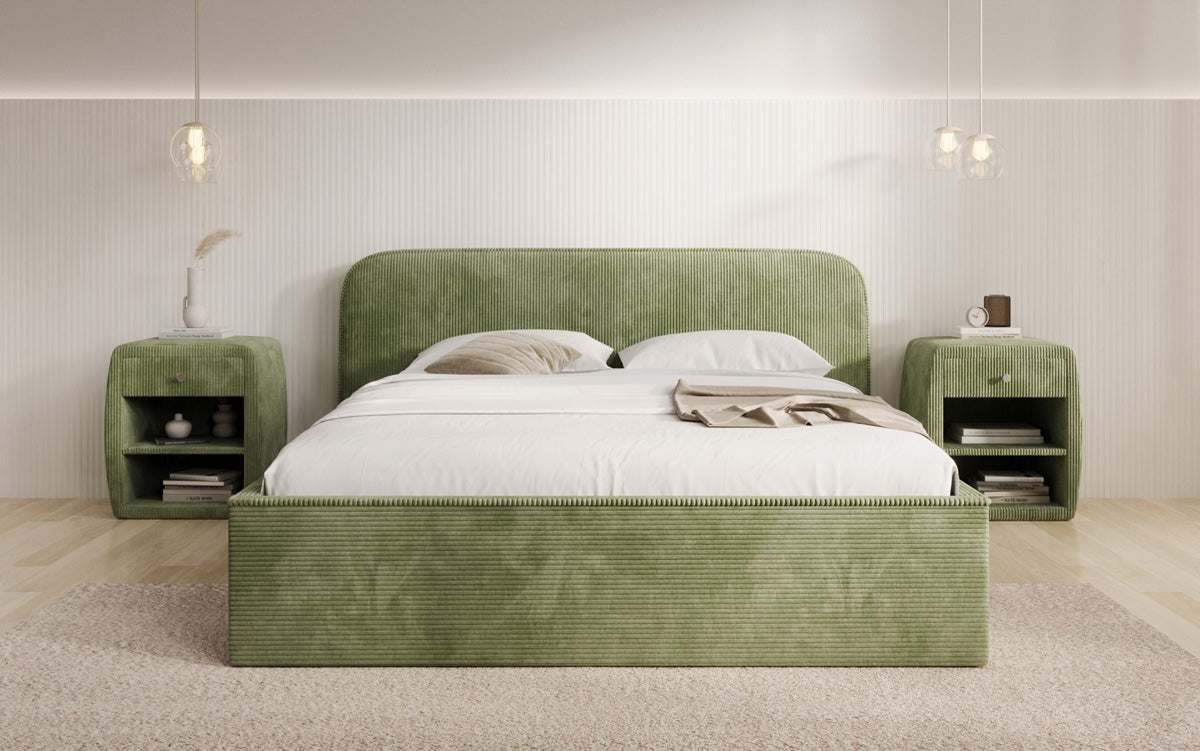 Designer gestoffeerd bed Nola in Ribstof met opbergruimte
