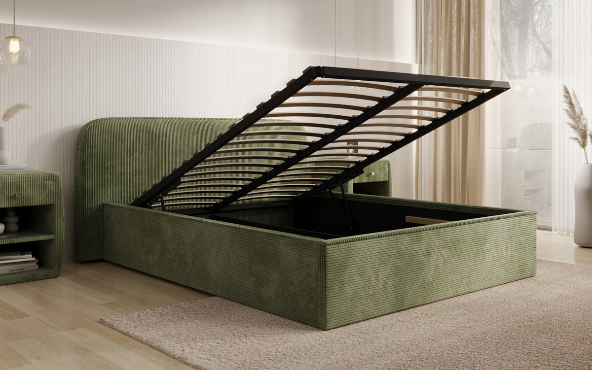 Designer gestoffeerd bed Nola in Ribstof met opbergruimte