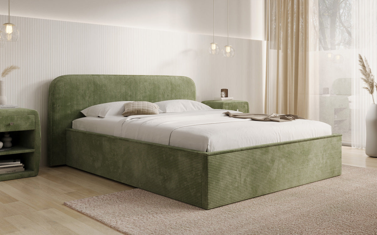 Designer gestoffeerd bed Nola in Ribstof met opbergruimte