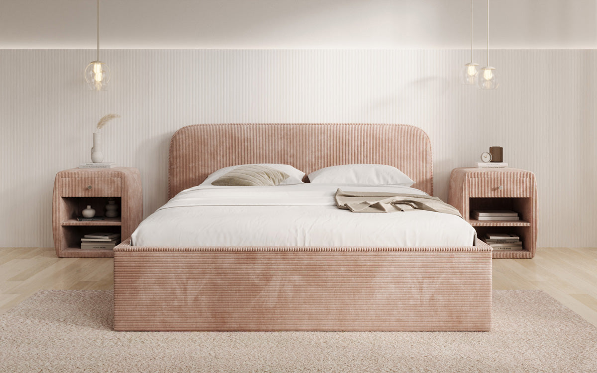 Designer gestoffeerd bed Nola in Ribstof met opbergruimte