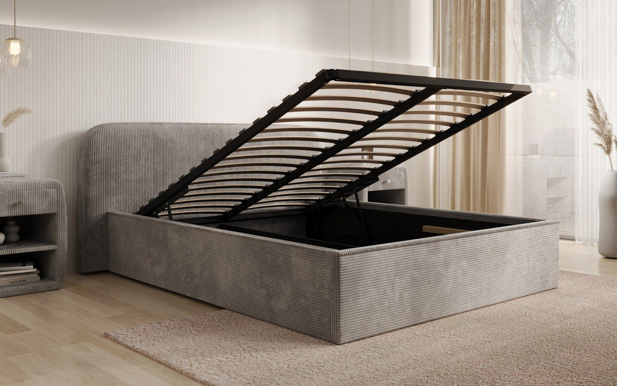 Designer gestoffeerd bed Nola in Ribstof met opbergruimte